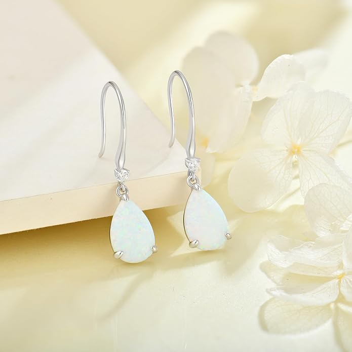 Opal Earrings 925 Sterling Silver Hook Drop Teardrop Gemstone Earrings October Birthstone Dangle Earrings Jewelry Gift for Women
