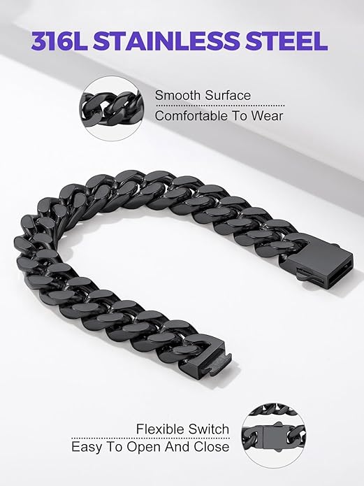 Richsteel 5/7/9/12mm Wide Miami Cuban Link Chain Bracelet for Men Women,Stainless Steel/Gold/Black Plated,7.4/8.2/9 Inch Length,Hip Hop Urban Street-wear Jewelry(Gift Wrapped)