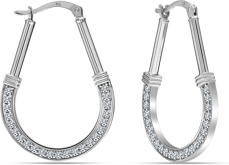 LeCalla 925 Sterling Silver Hoop Earrings | Italian Design Classic Diamond-Cut Textured Earring Hoops | Women's Drop Shape Oval Hoop Earring Jewelry for Women