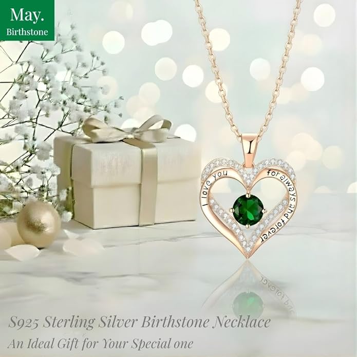 Birthstone Heart Necklace for Women Wife Girlfriend Mom Daughter Gifts S925 Silver Jewelry For Anniversary Rose Gold Gifts For Birthday Christmas Mothers Valentines Day