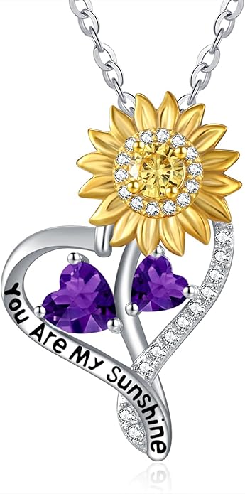 Zeuslia Double Birthstone Necklace Gifts for Wife - 925 Sterling Silver Sunflower/Rose/Crown Cross/Compass/Heart Pendant I Love You Necklace, Anniversary Birthday Gifts for Wife Girlfriend Mom Her