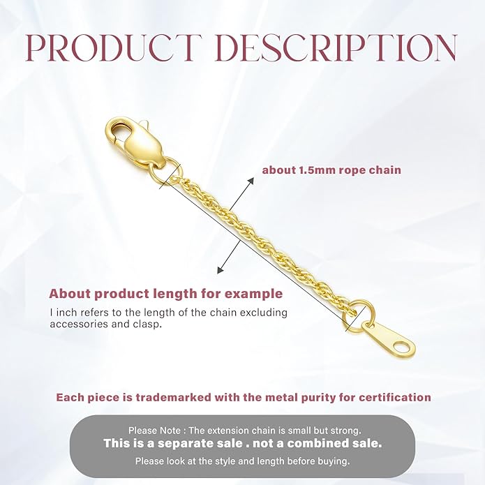 14k Gold Necklace & Bracelet Extender Chain, 1"/1.5"/2"/3"/4"/5" Durable Removable Gold Extension Chain