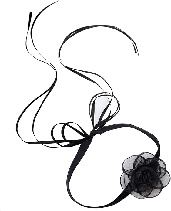 Black Choker Camellia Flower Lace-up Necklace For Women