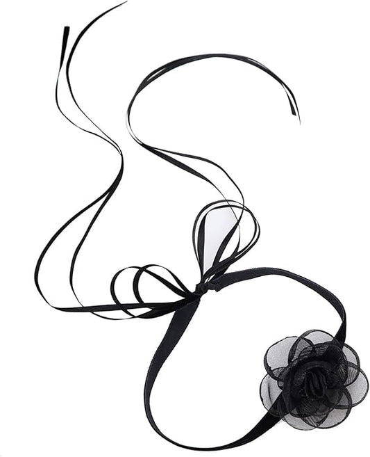 Black Choker Camellia Flower Lace-up Necklace For Women