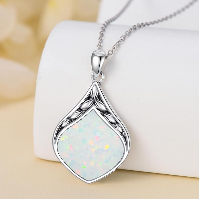 Teardrop Necklace 925 Sterling Silver Vintage Natural Gemstone Pendant Jewelry Birthday Christmas Gifts for Women Mom