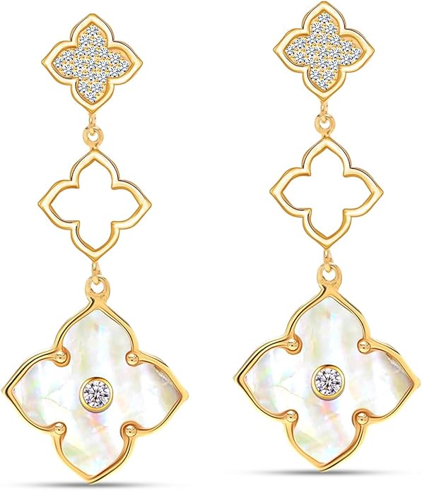 LeCalla 925 Sterling Silver Drop Earrings | Mother of Pearl Clover Earring | Mother of Pearl Stud Earring | Zirconia MOP Drop Dangle Hoop Earrings for Women