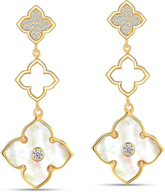 LeCalla 925 Sterling Silver Drop Earrings | Mother of Pearl Clover Earring | Mother of Pearl Stud Earring | Zirconia MOP Drop Dangle Hoop Earrings for Women
