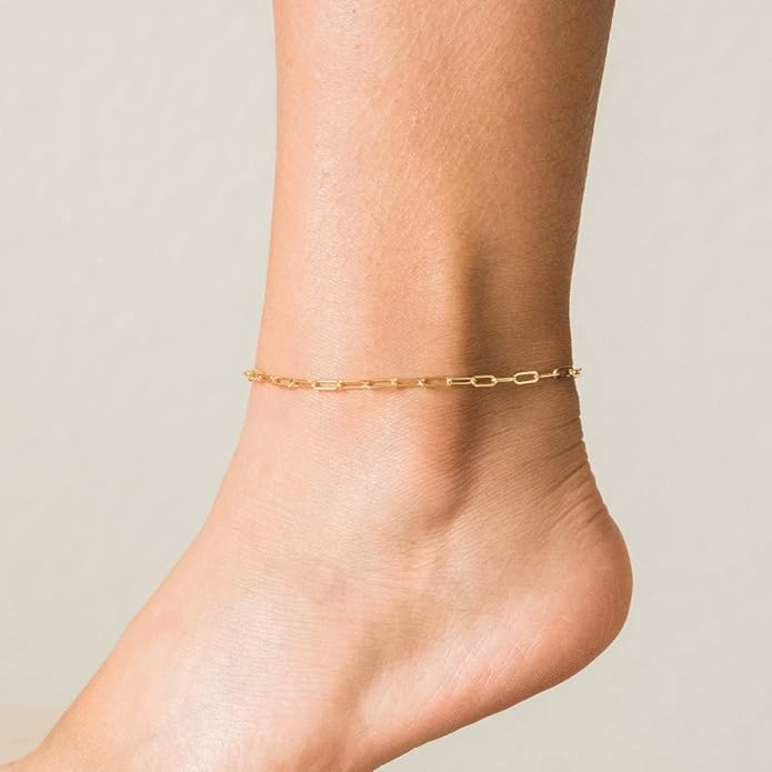 Ankle Bracelets for Women Dainty 18K Gold Plated Anklet Waterproof Round Beaded Paperclip Herringbone Pearl Chain Anklets Waterproof Beach Foot Jewelry