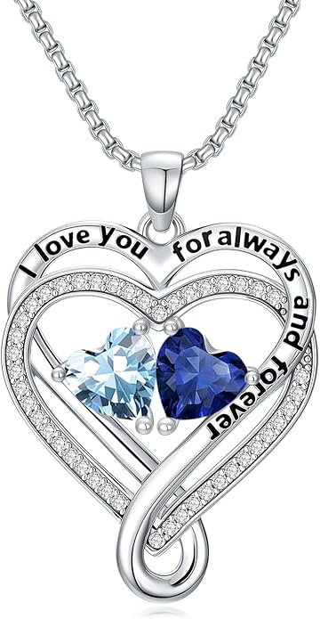 I Love You for Awlays and Forever Double Heart Necklace with Birthstone, 2 Birth Stone Jewelry Anniversary Valentines Mothers Day Christmas Birthday Gifts for Women Her Wife Girlfriend Mom Mother