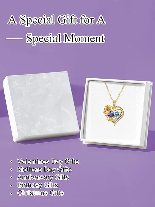 Sunflower Heart Necklace for Women 14K Gold Exquisite Anniversary Birthday Gifts for Wife Mother Her Double Birthstone Pendant jewelry‘You Are My Sunshine’
