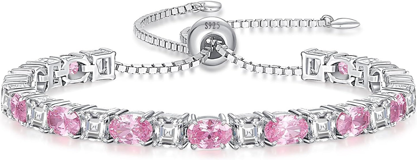 Sterling Silver Birthstone Bracelets for Women White Gold Tennis Bracelets Adjustable Chain 6-9 Inchs Jewelry Hypoallergenic Anniversary Birthday Gifts for Women Mom Wife Her