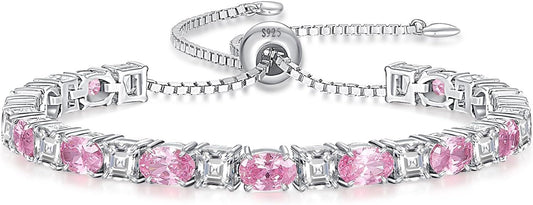 Sterling Silver Birthstone Bracelets for Women White Gold Tennis Bracelets Adjustable Chain 6-9 Inchs Jewelry Hypoallergenic Anniversary Birthday Gifts for Women Mom Wife Her