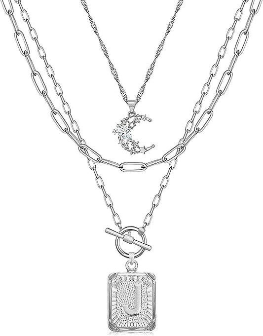 MJartoria Layered Initial Necklaces for Women Trendy, 14K Gold Plated Brass Simple Moon Choker Square Letter Pendant Necklace, Paperclip Chain Necklaces Jewelry Gifts