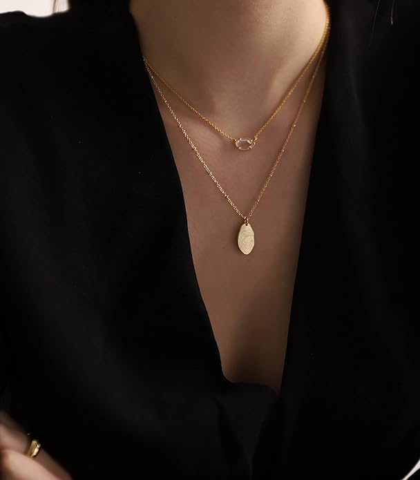 OZEL JEWELRY & GIFT Layered Gold Necklaces for Women - Crystal Colorful Delicate Cutting Pendant Necklace - 18K Gold Plated - Birthday Gifts (Made in Korea)
