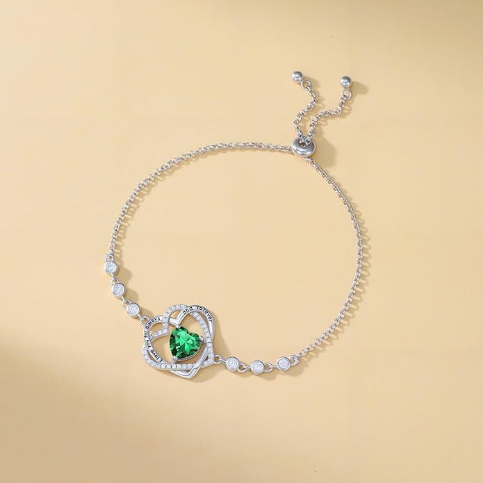 TOUPOP Heart Birthstone Bracelet 925 Sterling Silver Double Heart Bracelet Love You for Always and Forever Jewelry Anniversary Birthday Christmas Gifts for Women Wife Her