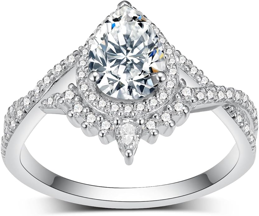 Pear-Shaped Moissanite Engagement Ring Set for Women, 10K 14K 18K Gold Pear-Cut Moissanite with Halo Wedding Bridal Split Shank Ring Set Pave Band Birthday Jewelry Gifts for Her