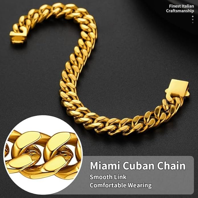 ChainsHouse Stainless Steel Cuban Link Bracelet for Men, 5mm/7mm/9mm/12mm Width, 7.5"/8.3"/9" Length, Black/18K Gold Plated Chain Wrist Bracelets for Men, with Gift Box