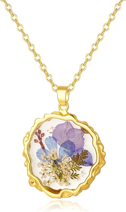 Birth Flower Necklaces for Women,1-12 Month Real Pressed Flower Necklace,Boho-Style Personalized Jewelry, Handmade Floral Pendant,Thoughtful Gift for Christmas,Birthday|18"