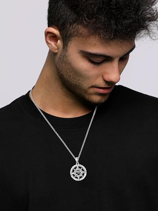 KINGWHYTE Compass Necklace for Men 925 Sterling Silver Birthday Gifts Graduation Travel Jewelry for Husband Brother with Stainless Steel Chain