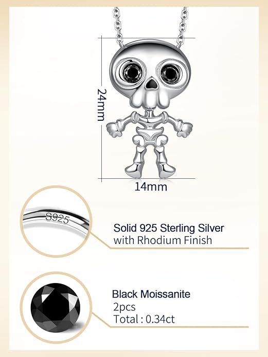 CYW Moissanite Skull Cross/Spider/Raven Necklace for Men Women, Intriguing Design, Really Authentic Solid 925 Sterling Silver with Rhodium Finish, 16"/18"/20" Adjustable, Halloween Jewelry