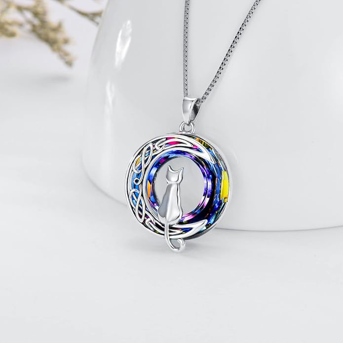 TOUPOP Christmas Cat Gifts for Cats Lovers One Two Three Four Cats Necklace Sterling Silver Cats on the Moon Pendant Necklace with Blue Circle Crystal Birthday Christmas Celtic Jewelry Gifts for Women