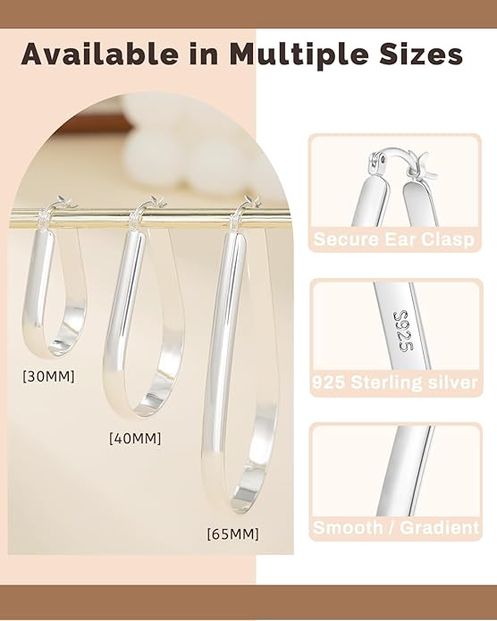 925 Sterling Silver Hoop Earrings for Women Hypoallergenic Oval Sterling Silver Hoop Earrings Large Silver Hoops Earring Lightweight Thick Silver Hoops Earrings for Women 30/40/55/65MM