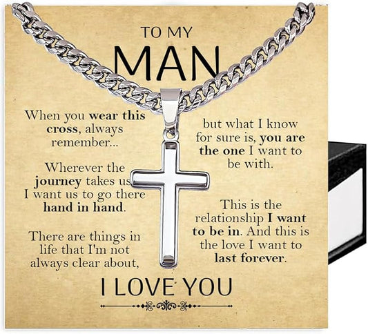 SUTERY Cross Cuban Chain Necklace - Promise Necklace for Him, Necklace for Boyfriend, Mens Necklace for Fiance, Valentine's Day