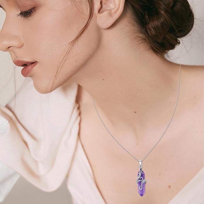 OHAYOO Octopus Tentacles Necklace 925 Sterling Silver Octopus Pendent Necklace Wrapped Obsidian Octopus Jewelry Gifts for Women