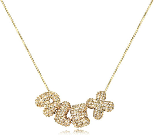 Custom Diamond Bubble 3D Letter Necklace Puffy Personalized Initial Charm with Zircon,18K Gold Plated Dainty Balloon Name Necklace for Women, Handmade Jewelry Gift for Her,Mother's Day