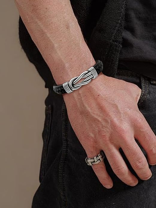 Mens Black Braided Leather Bracelet, Green/Red/Brown/Black Braided Leather Infinity Knot Bracelets for Men with Stainless Steel Clasp, 7.5/8.5/9in Length