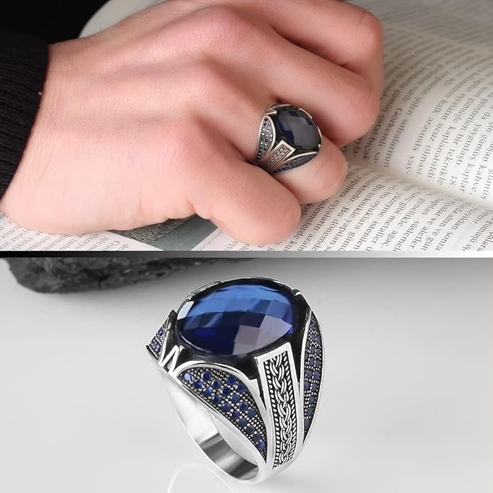 925 Sterling Silver Men Silver Ring with Sapphire GemStone, Handmade Engraved Silver Ring, Gift for him, Minimalist Silver Ring