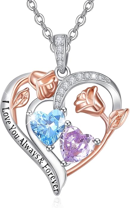 Zeuslia Double Birthstone Necklace Gifts for Wife - 925 Sterling Silver Sunflower/Rose/Crown Cross/Compass/Heart Pendant I Love You Necklace, Anniversary Birthday Gifts for Wife Girlfriend Mom Her