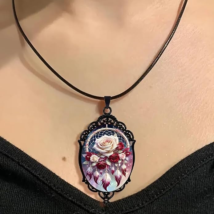 Gothic Rose Glass Necklace for Women Vintage Satan Demon Pendant Halloween Roses Necklaces Dark Punk Style Necklace Victoria Emboss Necklaces Mystic Witch Jewelry Gift Accessories
