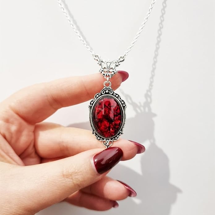 Gothic Vampire Necklace Vintage Stardust Crystal Cameo Pendant Necklace Punk Style Vampire Pendant Oval Necklace Satanic Demon Red Pendant Necklace Jewelry