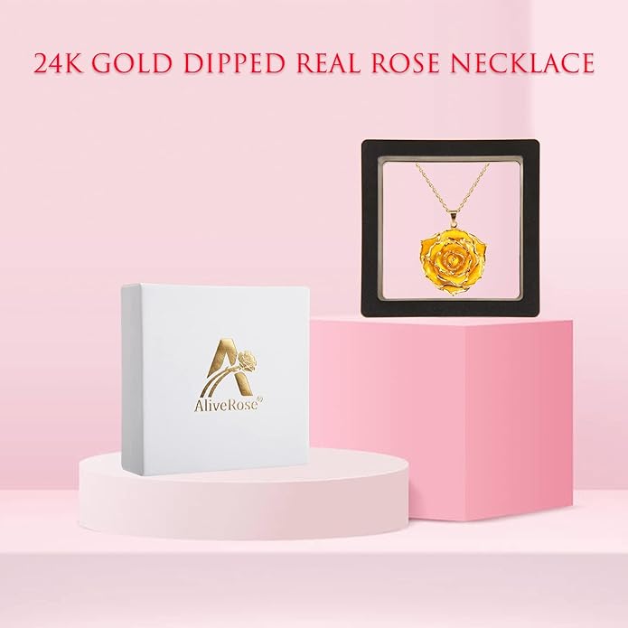 AliveRose Real Rose Gold Dipped Necklace Gifts for Women, 24K Gold Dipped Rose Pendant Necklace Jewelry Mothers Day Anniversaries Birthday Christmas Special Occasions Gifts for Her Mom Wife