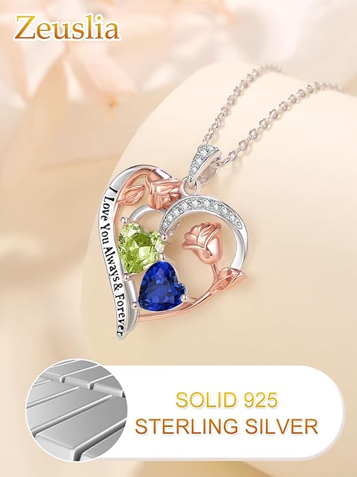 Zeuslia Double Birthstone Necklace Gifts for Wife - 925 Sterling Silver Sunflower/Rose/Crown Cross/Compass/Heart Pendant I Love You Necklace, Anniversary Birthday Gifts for Wife Girlfriend Mom Her