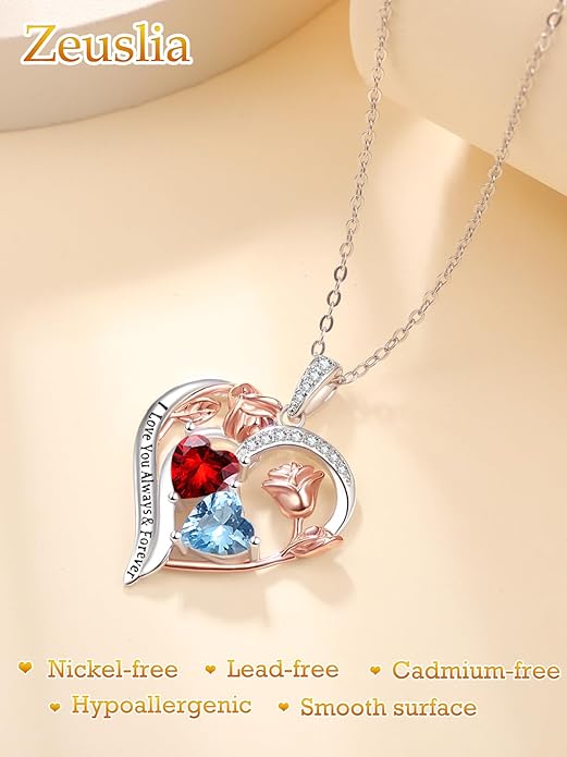 Zeuslia Double Birthstone Necklace Gifts for Wife - 925 Sterling Silver Sunflower/Rose/Crown Cross/Compass/Heart Pendant I Love You Necklace, Anniversary Birthday Gifts for Wife Girlfriend Mom Her