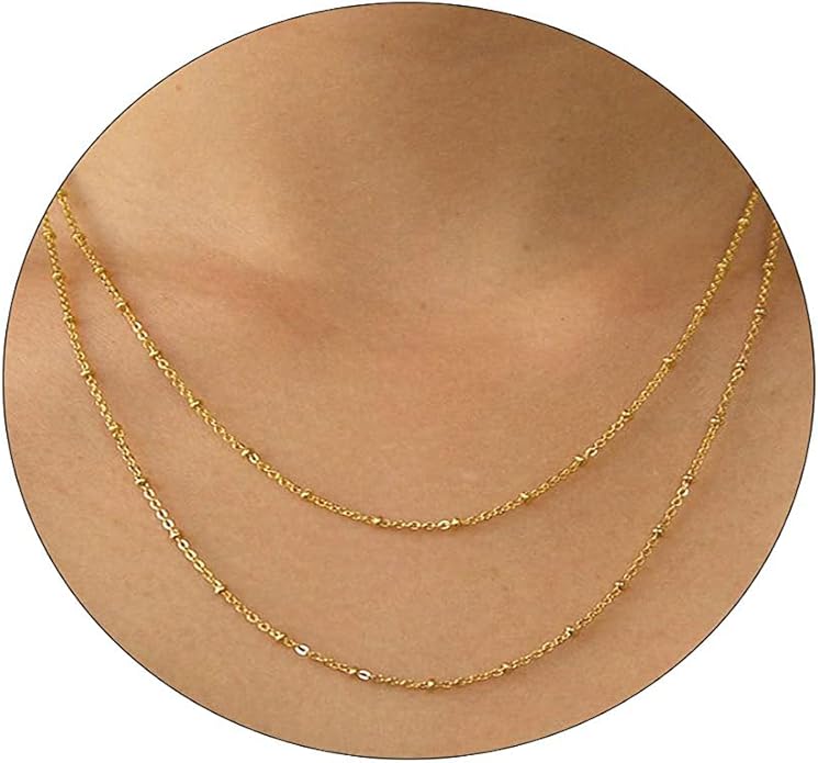 14K Gold Necklace for Women, Womens Dainty Chain Necklace Plated Shining Dots Satellite Choker Box Chain, Women Layering Necklaces