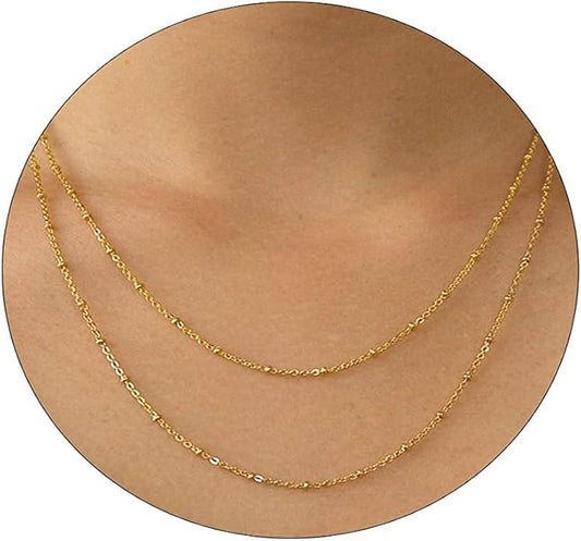 14K Gold Necklace for Women, Womens Dainty Chain Necklace Plated Shining Dots Satellite Choker Box Chain, Women Layering Necklaces