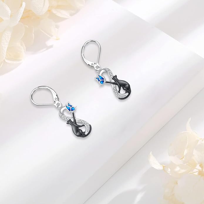 Black Cat/Turtle/Moonstone//Turquoise/Flower/Tree of Life Earrings Sterling Silver Cute Animal Leverback Dangle Earrings Jewelry Gifts