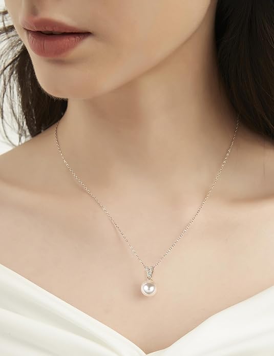 Mameloly Pearl Necklaces for Women Trendy 925 Sterling Silver Dainty V CZ Pendant 10MM/12MM Single Simulated White Pearl Choker Necklace for Women Wedding Cute Jewelry