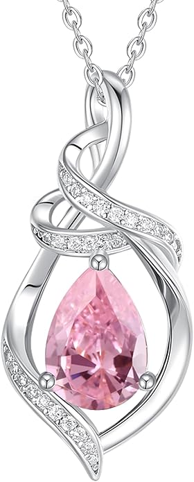 FANCIME Teardrop Gemstone Necklace for Women S925 Sterling Silver Elegant Ribbon Pendent Birthday Gifts for Her, 16"+2" Inches