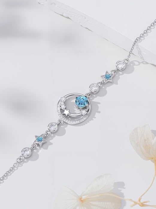 Moon and Star Birthstone Charm Link Bracelet 925 Sterling Silver Moon and Star Bracelet with 12 Months Birthstone Birthday Jewelry Gifts for Women Mom Her,Chain Length 7"+2" Extend