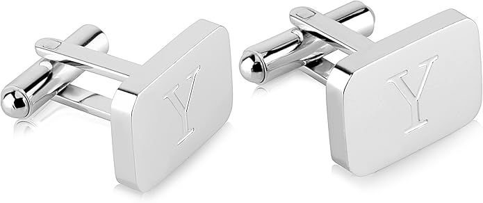 18K White-Gold Plated Initial Engraved Stainless Steel Men’s Cufflinks With Gift Box -Personalized Alphabet Letter’s A-Z By Lux & Pair