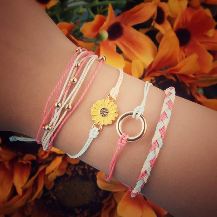FANCY SHINY Sunflower String Bracelet Boho Braided Rope Wrap Bracelets Cute Summer Beach Surfer Jewelry for Women