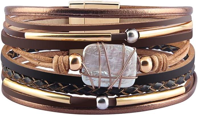 Fesciory Leopard Bracelet for Women, Boho Leather Wrap Multi-Layer Pearl Crystal Bracelet Bangle Jewelry