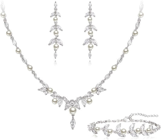 EleQueen Women's Simulated Pearl Wedding Jewelry Set, Cubic Zirconia Marquise Floral Bridal Necklace Earrings Bracelet Sets