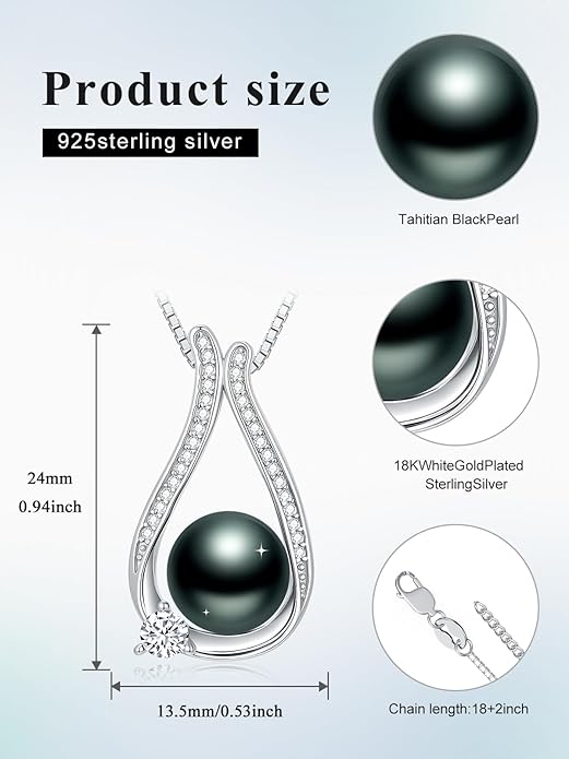 KANNSOAR Tahitian Black Pearl 18K White Gold Plated Sterling Silver Heart/Infinity/Four Leaf Clover Pendant Necklace Jewelry Gifts for Women Wife Mom Girlfriend Wedding Birthday Anniversary Christmas