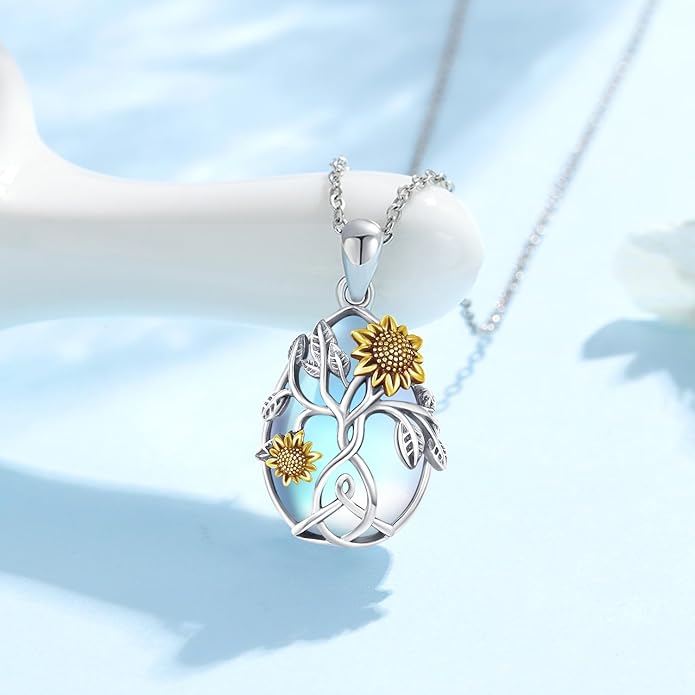 CHENGHONG Sunflower Necklace 925 Sterling Silver Tree of Life Necklace Daisy/Rose/Sunflower Pendant Necklace Sunflower Jewelry Gifts for Women Mom