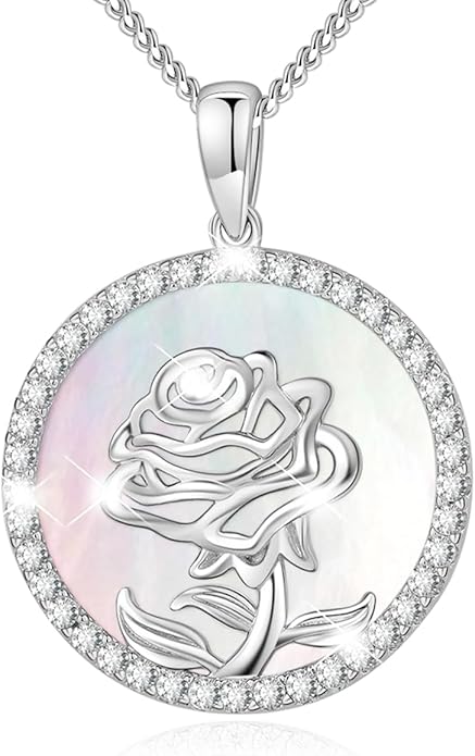 AGVANA Valentines Day Gifts Sterling Silver Birth Flower Necklace for Women Genuine Mother of Pearl CZ Round Disc Pendant Necklace Fine Jewelry Anniversary Birthday Gifts for Women Wife Mom Her